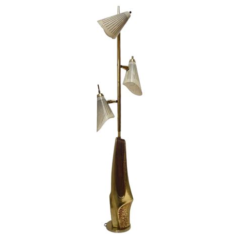 Mid Century Walnut and Brass Floor Lamp with Whipstitch Fiberglass Lamp ...
