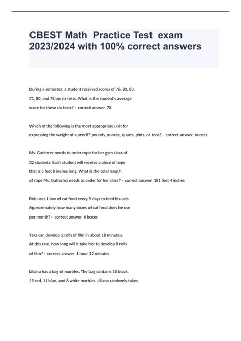 CBEST Math Practice Test exam 2023/2024 with 100% correct answers ...