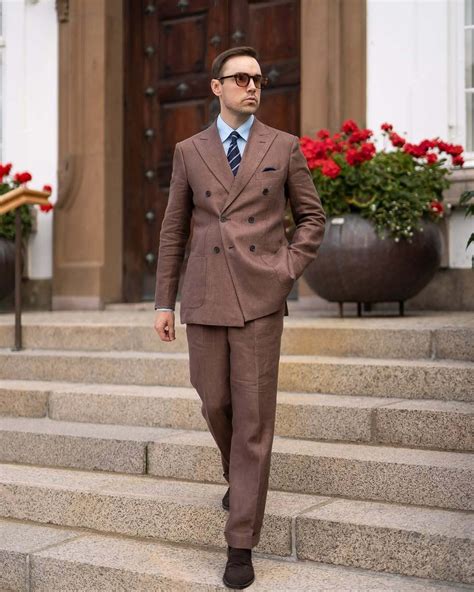 Brown Double-Breasted Suit with Blue Shirt