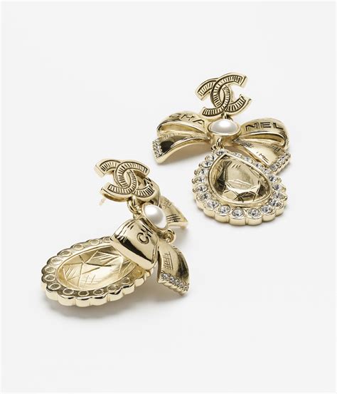 Pendant earrings - Metal, glass pearls & strass, gold, pearly white ...