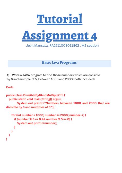 Week 4 Jevil 862 - tutorial assignment 4 - Basic Java Programs Tutorial ...