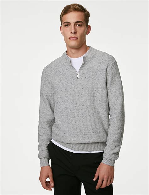 Buy Cotton Blend Textured Half Zip Jumper at Marks & Spencer
