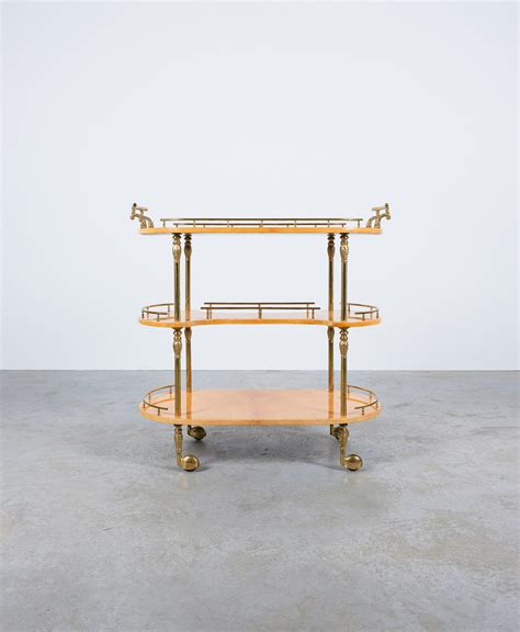 Aldo Tura Bar Cart Tan Parchment Brass Columns, Italy, 1970 – DERIVE