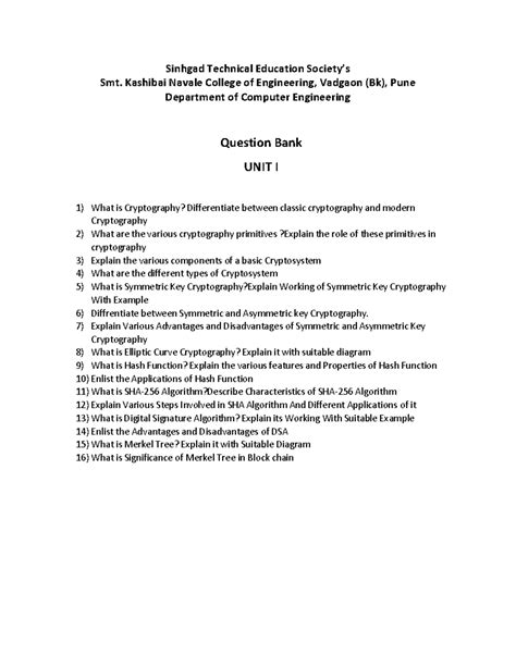 Question Bank Unit I Blockchain - Sinhgad Technical Education Society’s ...