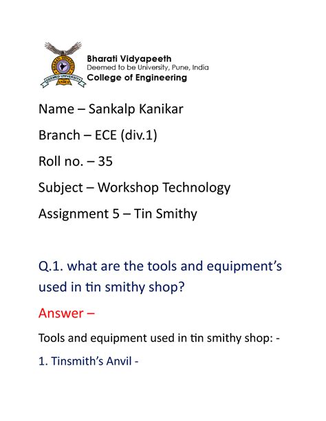 Tin smithy assgn by Sankalp Kanikar 35 (ECE1) - Name – Sankalp Kanikar ...