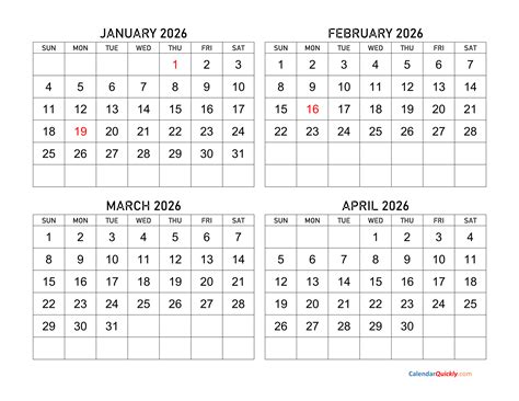 Free Printable 4 Month Calendar 2026