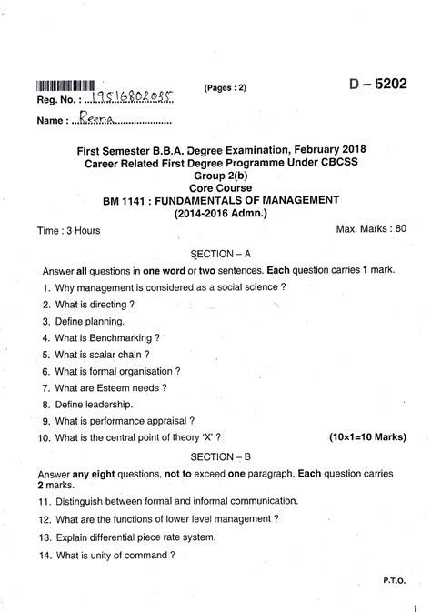 Fundamental of Management Question paper BM 1141 D-5202 - (Pages: 2) D ...
