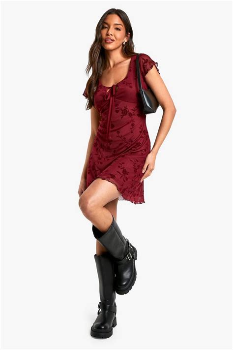 Floral Mesh Tie Front Mini Dress | boohoo USA