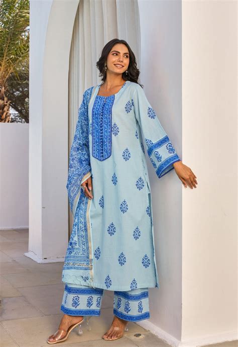 Blue Hand Block Printed Kurta Set With Dupatta