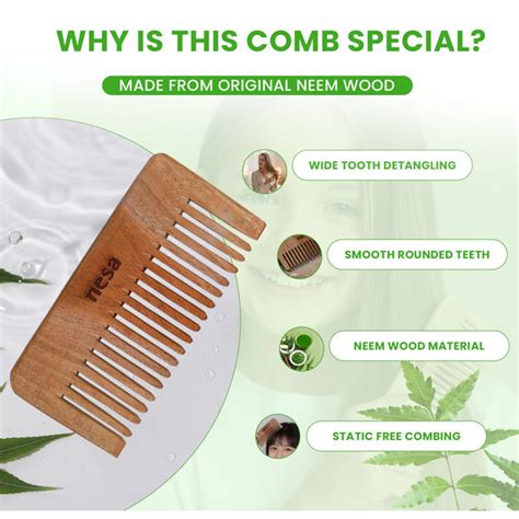 Nesa Neem Wood Shampoo Comb - Wide Tooth Comb for Hair Fall Control, D