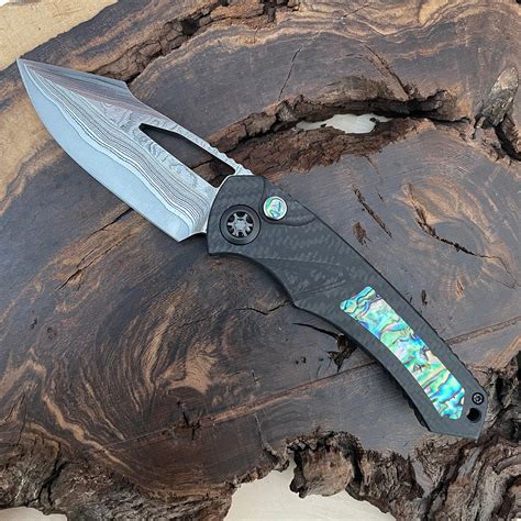 Heretic Knives Custom Pariah Manual S/E Carbon Fiber Handle w/ Abalone Inlays Vegas Forge Wood ...