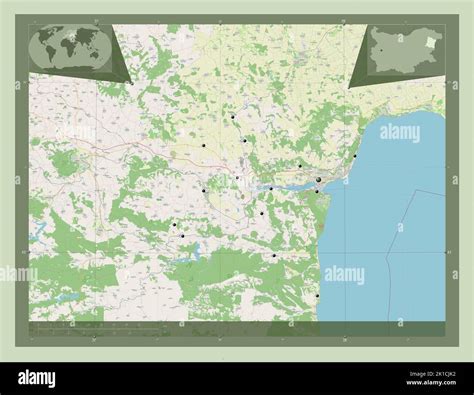 Varna, province of Bulgaria. Open Street Map. Locations of major cities of the region. Corner ...