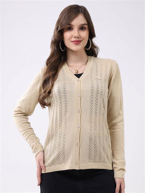 Buy Women Beige Self Design V Neck Full Sleeve Cardigan Online in India ...