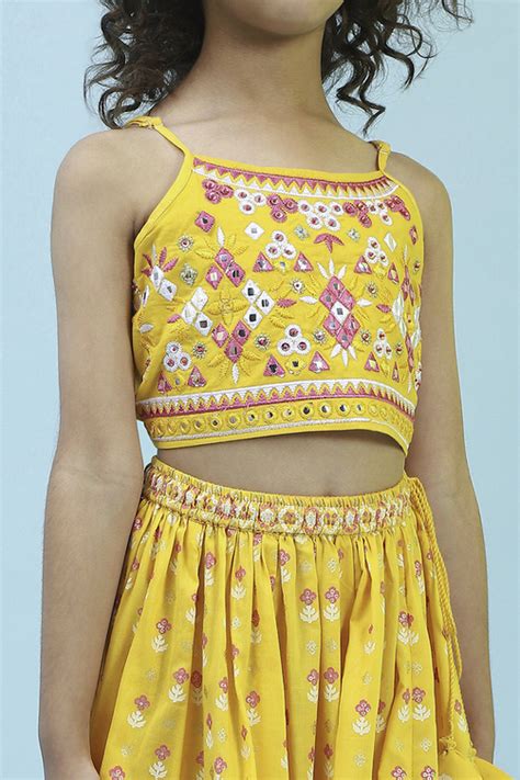 Buy Yellow Cotton Printed Strappy Lehenga Set Online at Biba India
