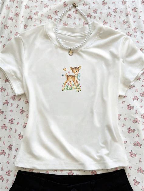 SHEIN EZwear Women's Casual Cartoon Deer Print Round Neck Short Sleeve ...