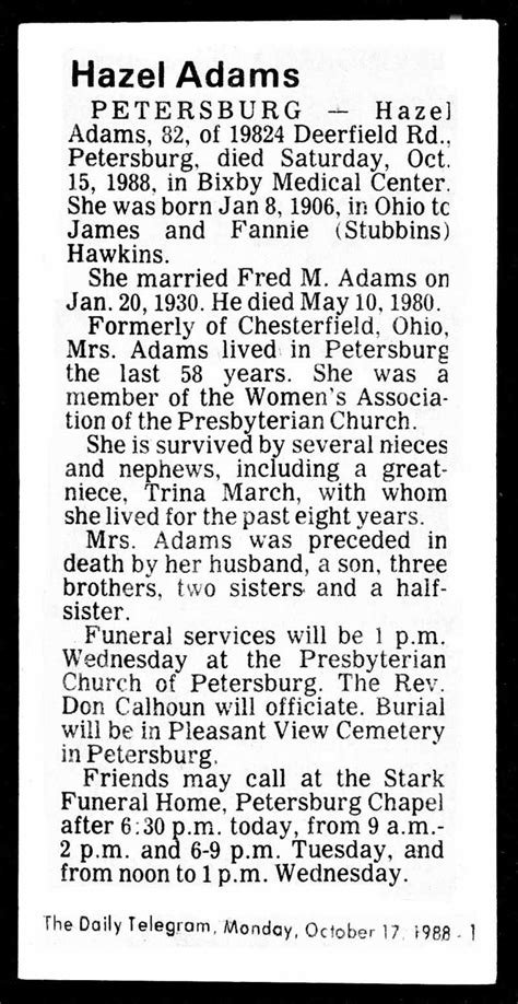 Hazel Adams_Obituary_The Daily Telegram_Mon Oct 17 1988_Michigan ...