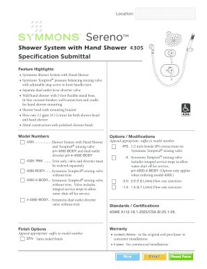 Fillable Online Location: Sereno Shower System with Hand Shower 4305 ...