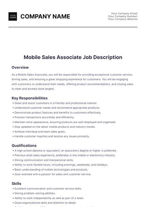 Free Mobile Sales Associate Job Description Template to Edit Online