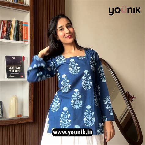 Indigo Blue Floral Print Cotton Short Kurti – YOUNIK