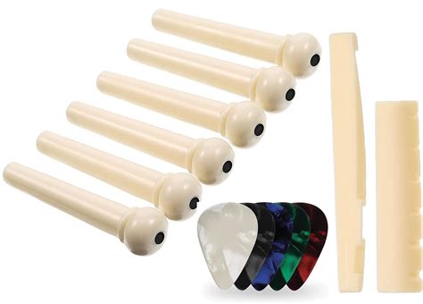 Imaginea Acoustic Guitar Bridge Saddle Nut with 6pcs Guitar Bridge Pins ...