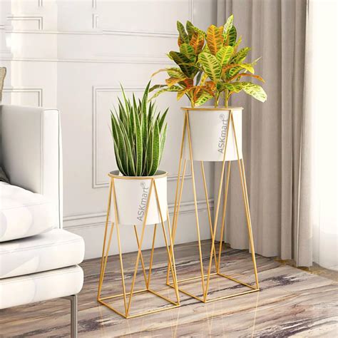 ASKmart Unique Gold Cross Stand set of 2 with 2 White Planters pot for ...