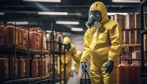 Working in warehouse workers in yellow hazmat protection suit and gas ...