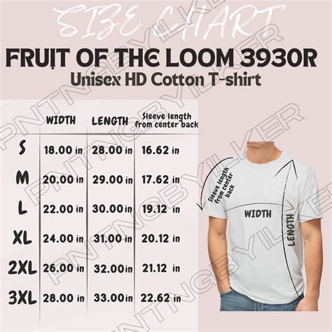 Fruit of the Loom 3930R Size Chart | Size Chart for Unisex HD Cotton T ...