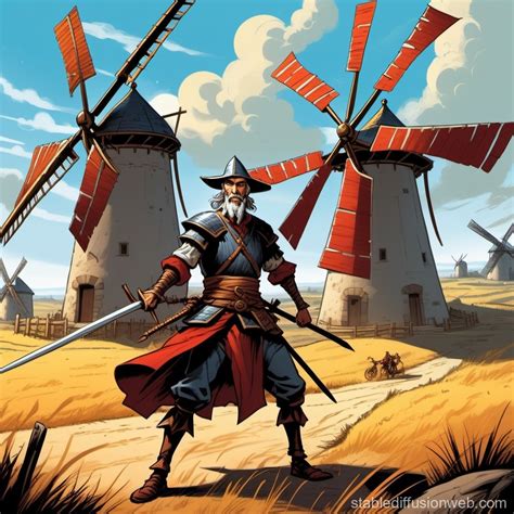 Don Quixote vs. Giant Windmill in Digital Art | Stable Diffusion Online
