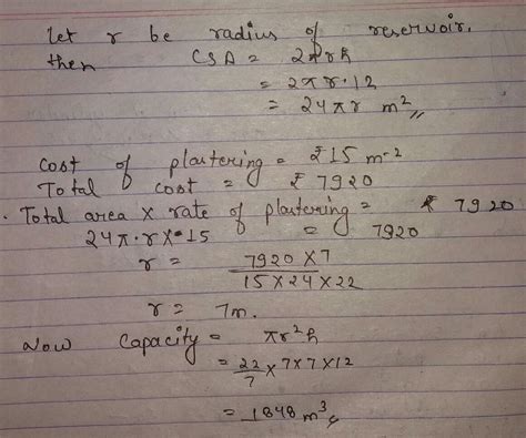 CSA of cylinder reservoir is 12m deep is plastered from inside the ...