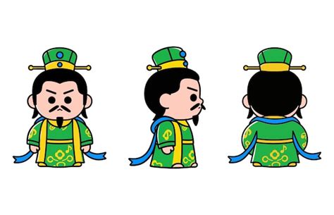 Set of three views of a cute cartoon chinese emperor or official in ...