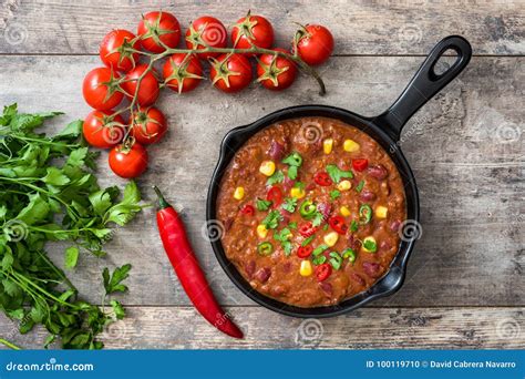 Traditional Mexican Tex Mex Chili Con Carne in a Frying Pan on Wood ...
