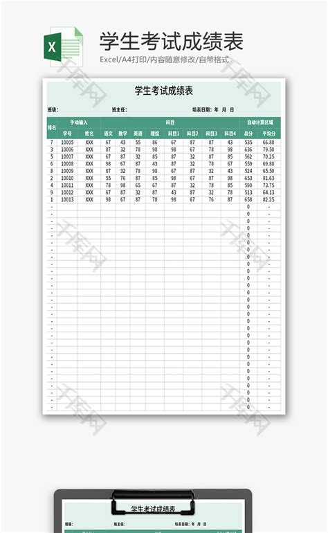 学生考试成绩表Excel模板_千库网(excelID：143097)