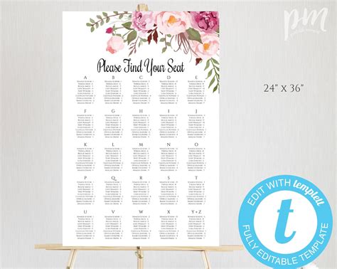 Alphabetical Wedding Seating Chart Template Pink Floral Boho Wedding ...