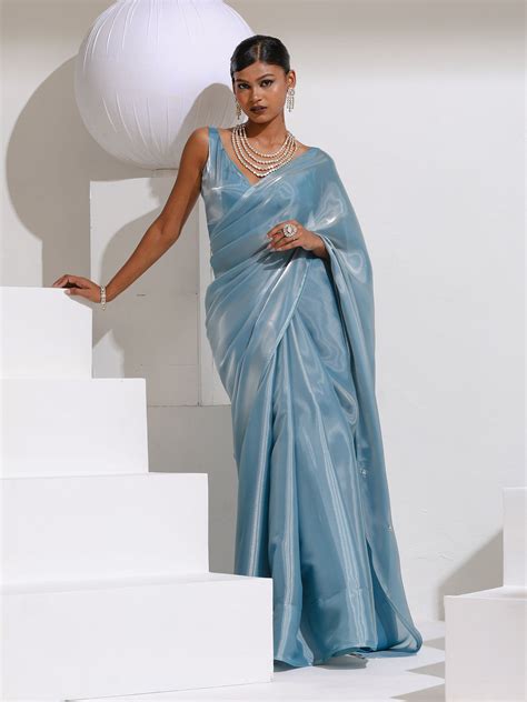 Shining Stars Sky Organza Satin Saree with Rainbow Beads and Self blou