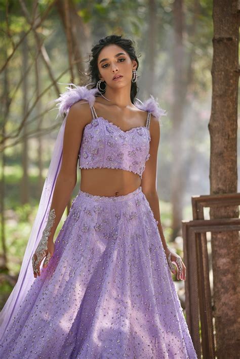 Lavender Crystal Embellished Lehenga With Feathers – Pooja Peshoria