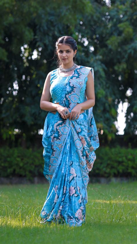 Elegant Floral Print Saree in Aqua Blue – Pativrata