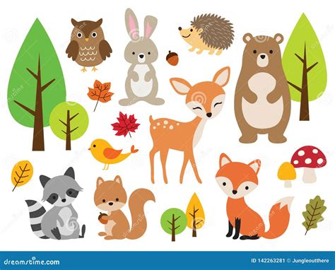 Cute Woodland Forest Animal Vector Illustration Set Stock Vector ...