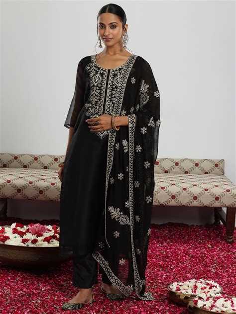 Buy Black Yoke Design Organza Straight Suit With Dupatta Online at Rs ...