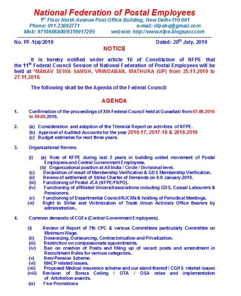 Notice for 11th Federal Council of NFPE