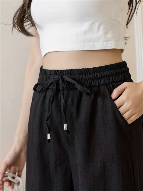 Minimalist Solid Drawstring Pants, Casual Long Length Elastic Waist ...