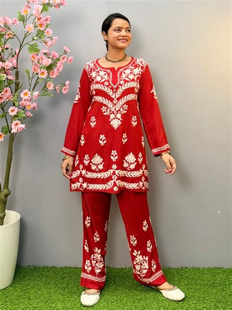 Red Rayon Chikankari Short Kurta Pant Set – Festive Comfort – R S ...
