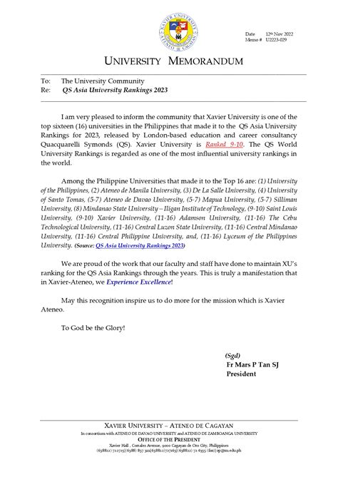 Xavier University - Memo #U2223-029 — QS Asia University Rankings 2023 - ranking of xavier university