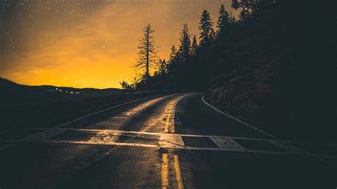Download wallpaper 1600x900 road, slope, turn, sunset, twilight, glow ...