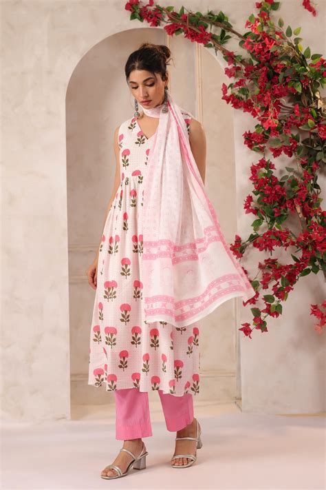 White and Pink Flower Printed Kurta Set with Dupatta – Jaipur Morni