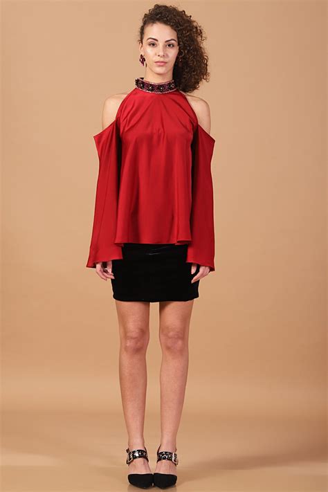 Cherry Red high-neck Cold Shoulder Top