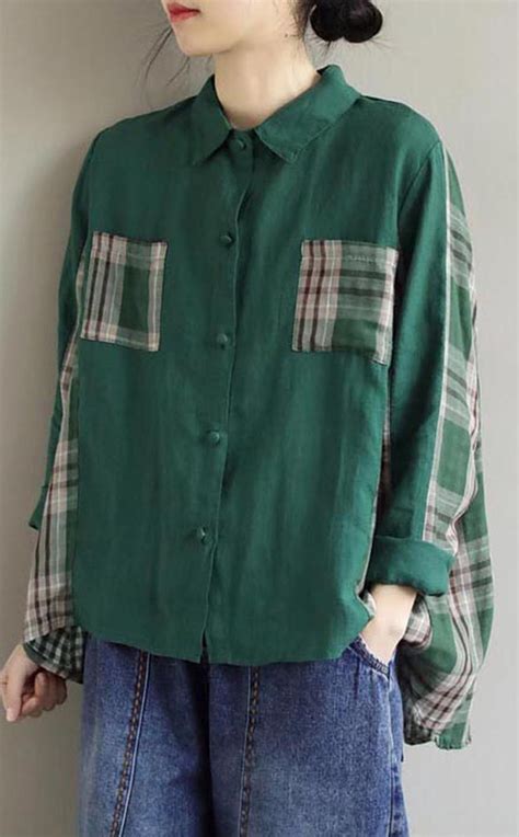 Beautiful Lapel Patchwork Spring Blouse Fabrics Green Plaid Shirts ...