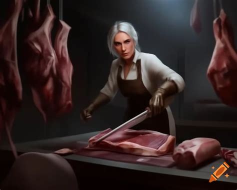 Mature female butcher in a post-apocalyptic slaughterhouse setting on ...