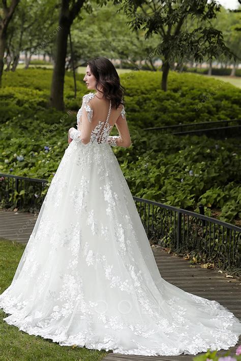 Luxury Yet Sexy Sheer 3d Flower Lace Wedding Dress - ZOOEK