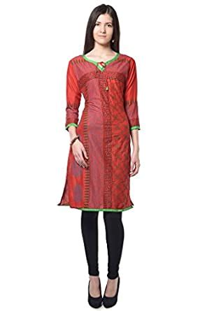 Buy Navirti red block print rayon kurta at Amazon.in