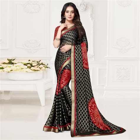 Black & Red Festive Wear Checks Printed Chiffon Brasso Saree